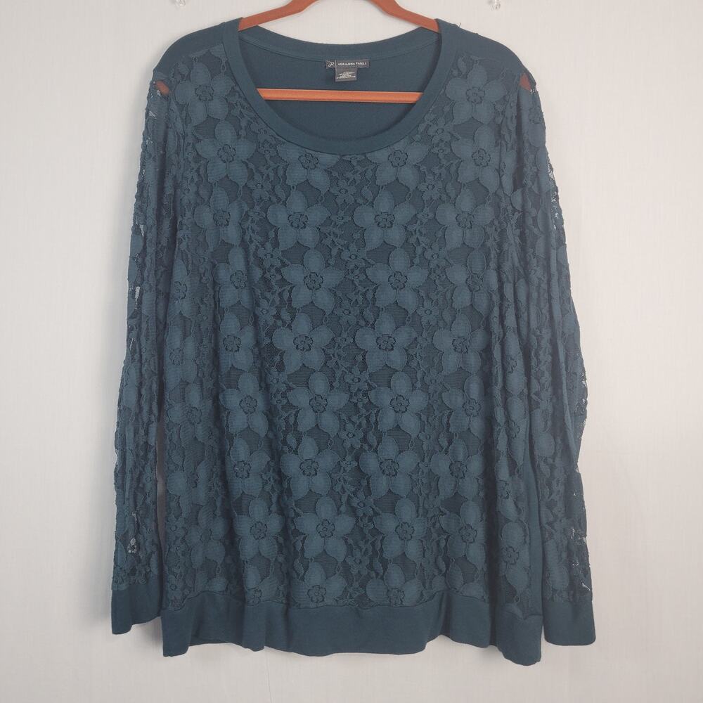 Adrianna Papell long sleeve floral lace overlay top size XXL green whimsigoth